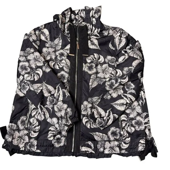 Dennis Basso Jacket Printed Floral Black White Water Resistant Hooded Ruffle Lg - Picture 5 of 16